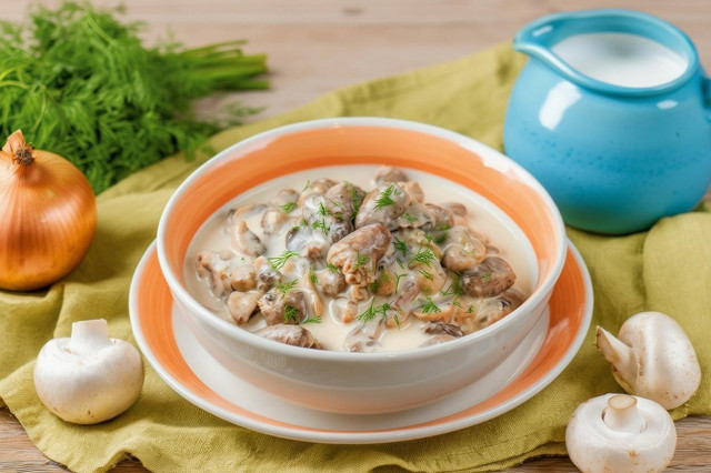 Куриные сердечки с грибами в сметане