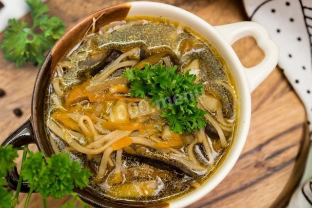 Суп с макаронными изделиями и сушеными грибами