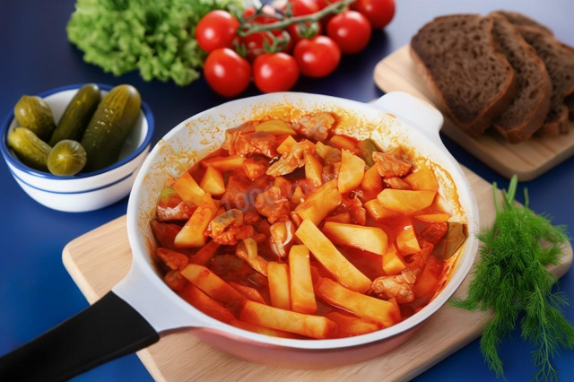 Азу из свинины с солеными огурцами и картошкой на сковороде