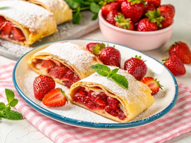 Штрудель с клубникой из слоеного теста