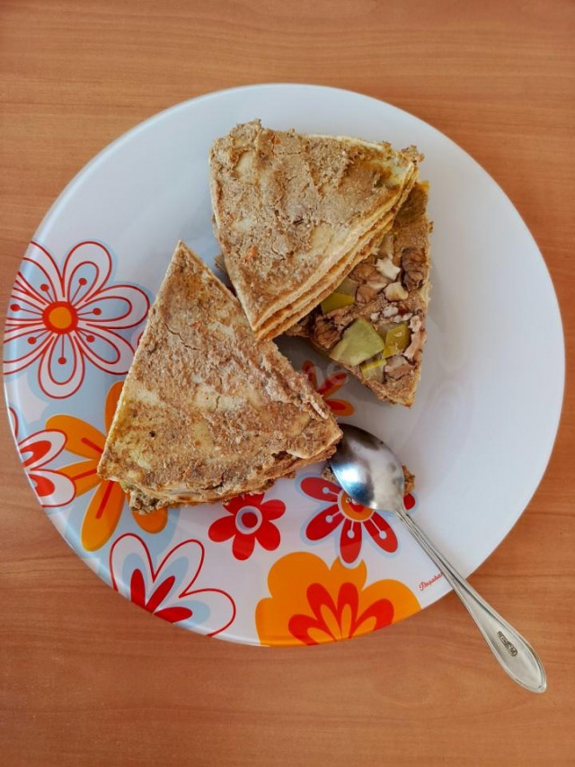 овсяный блинный торт с печёночным паштетом