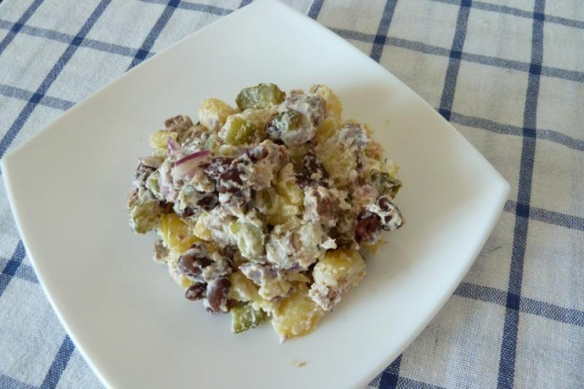 салат Цада с фасолью и говядиной и сметаной с огурцами